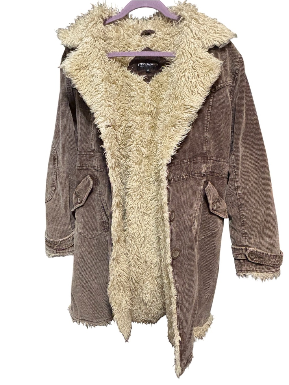 Steve Madden Brown Corduroy‎ Coat with Cream Sherpa Trim.